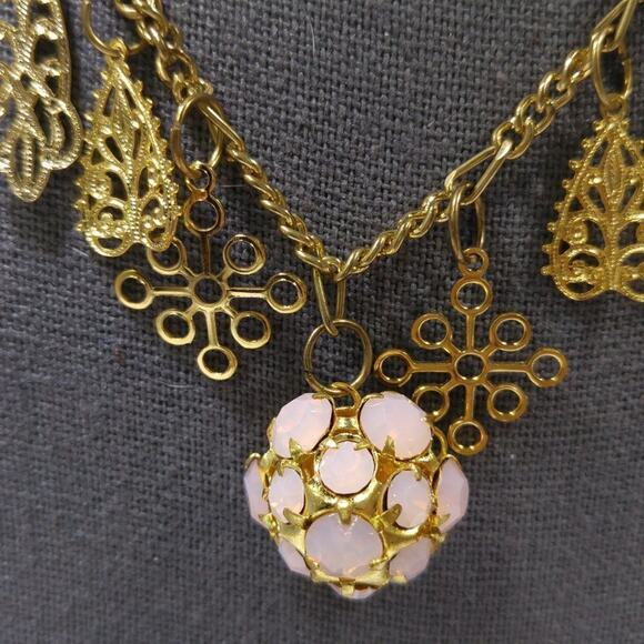 Vintage 1990s Faux Opal Rhinestone Charm Necklace Earrings Set 14K Gold Plated - Picture 4 of 8